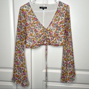 Kittenish Floral Print Trumpet Sleeve Crop Blouse - Size M